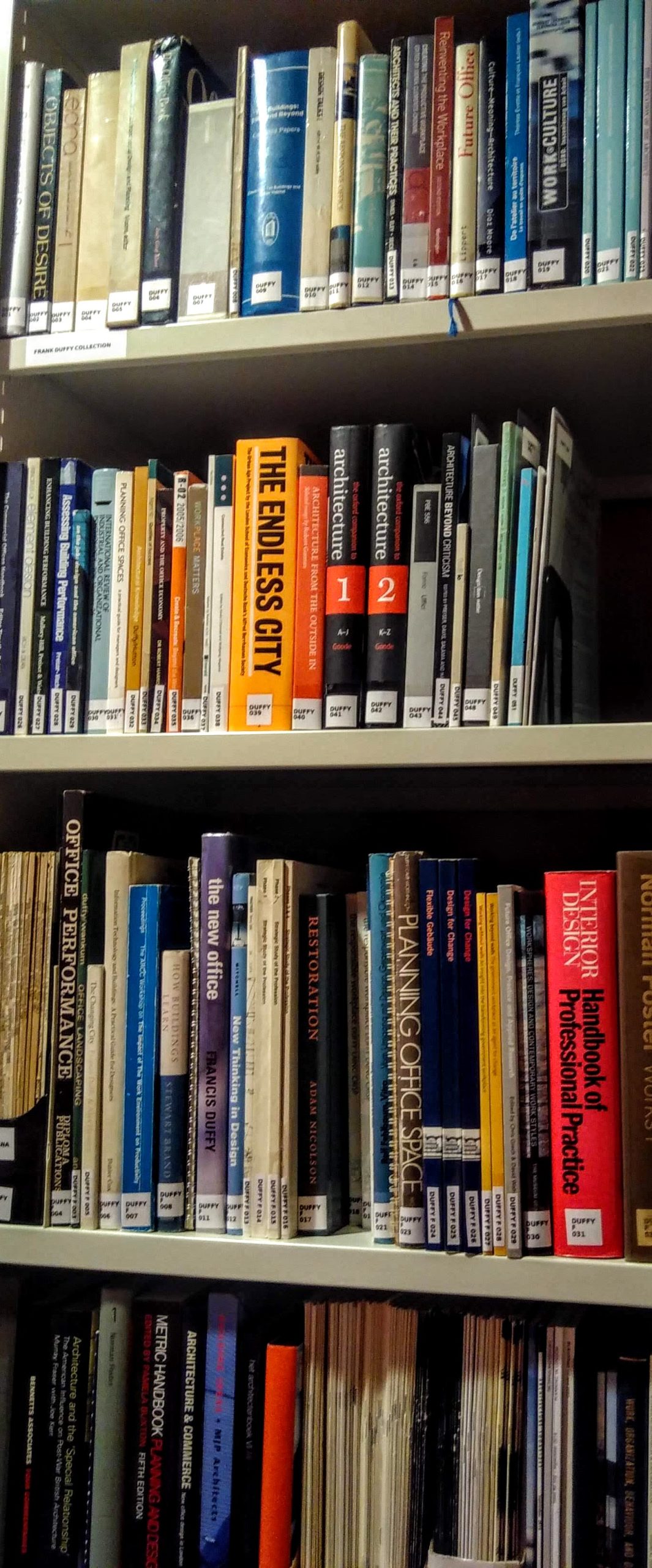 Books on the shelves of the Frank Duffy Collection.