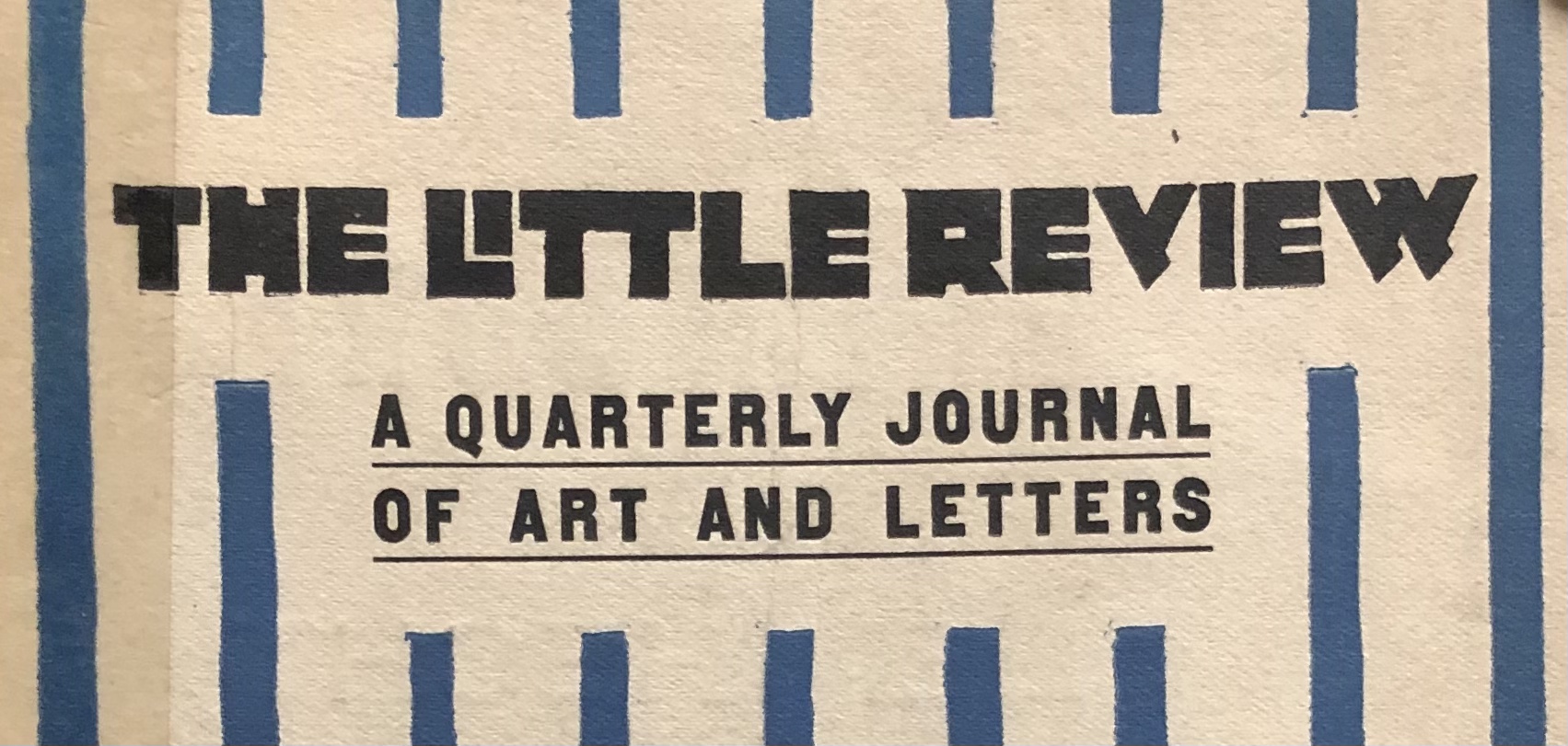 Front cover of an issue of The little review : a quarterly journal of art and letters. Blue and white patterned background with black type.