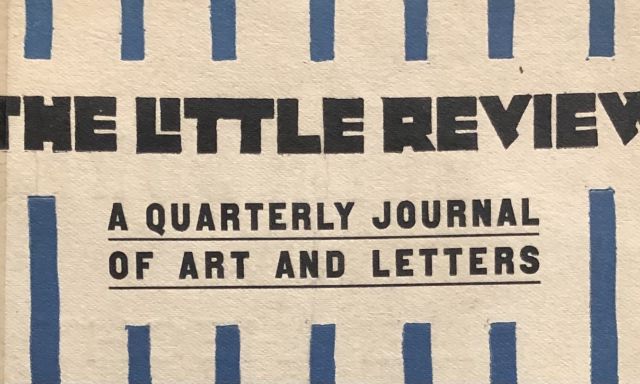 Front cover of an issue of The little review : a quarterly journal of art and letters. Blue and white patterned background with black type.
