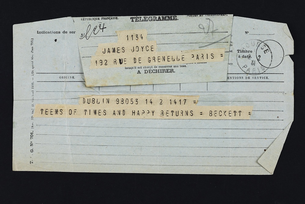 Birthday greetings telegram from Samuel Beckett to James Joyce, 2 February 1931, reproduced by kind permission of the Beckett Estate