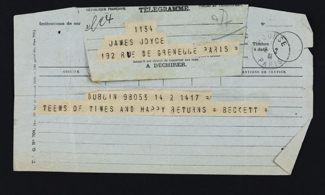 Birthday greetings telegram from Samuel Beckett to James Joyce, 2 February 1931, reproduced by kind permission of the Beckett Estate