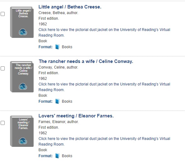 three catalogue records on the University of Reading online catalogue, with links to the Virtual Reading Room