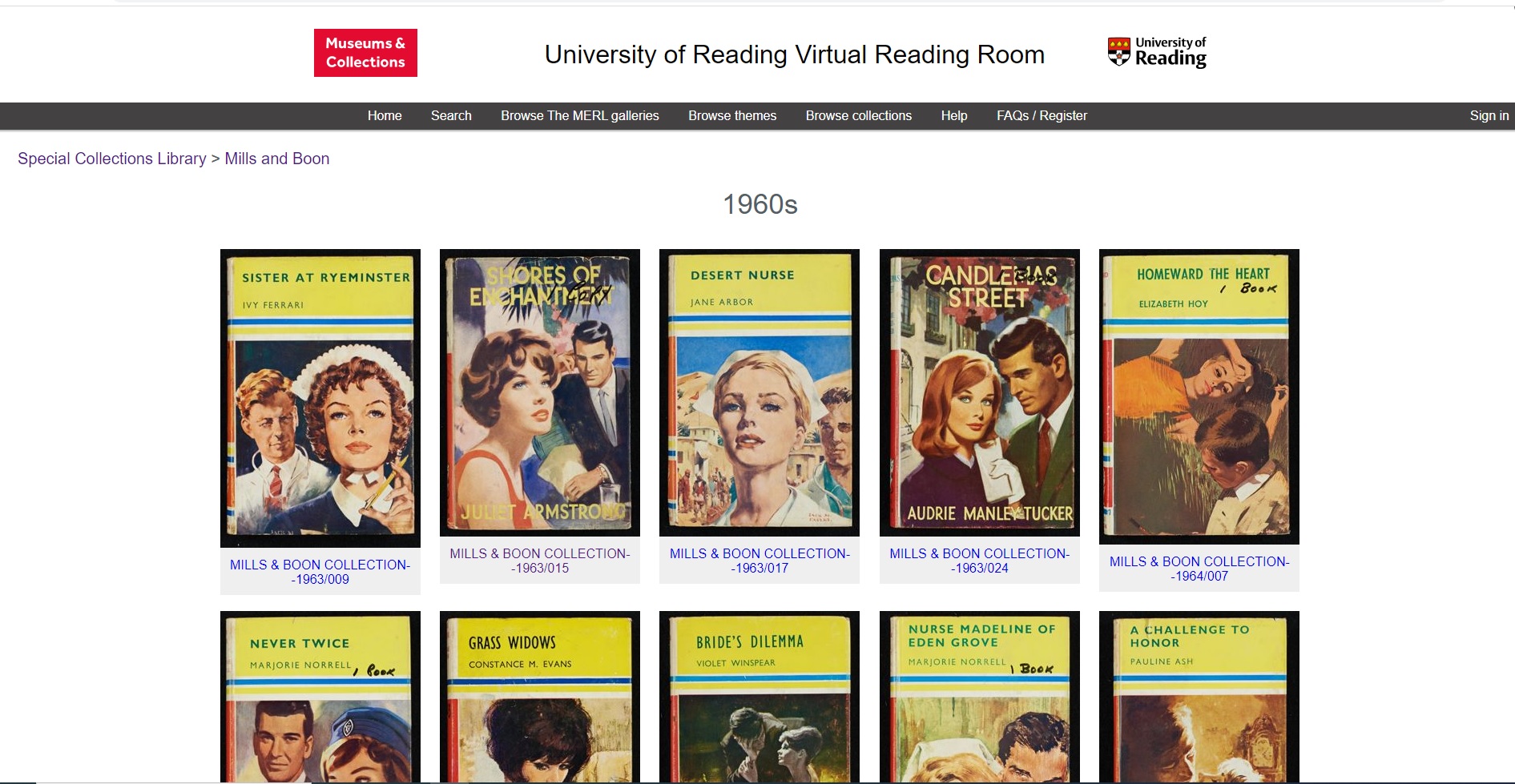 screenshot of the University of Reading Virtual Reading Room showing 10 covers of Mills & Boon books in rows