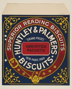 Huntley & Palmers biscuit label showing the company’s red, blue, and gold “garter and buckle” design, reading “Superior Reading Biscuits - Assorted Packets - Grand Prizes, 1878 Paris 1900.