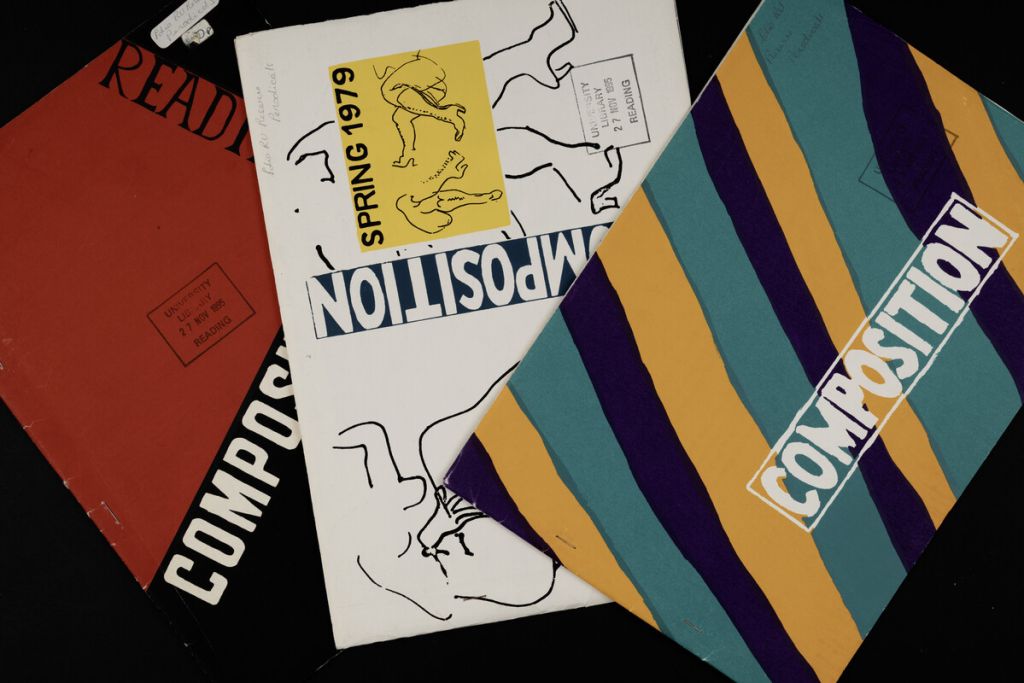 Several colourful covers of “Composition,” the University of Reading Fine Art Department magazine from 1979, arranged overlapping on a flat surface.